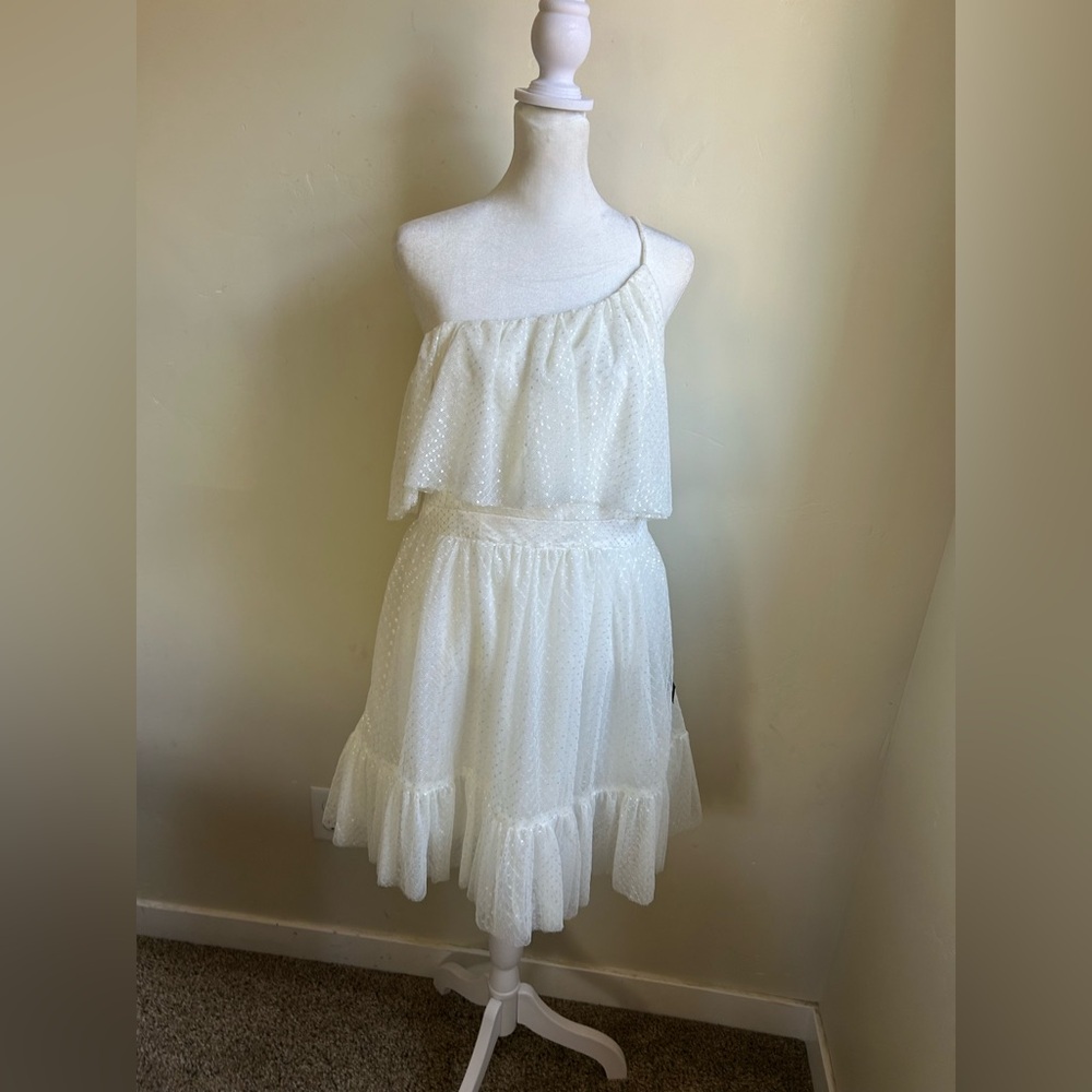 ▶️ Lulus White One Shoulder Ruffle Dress Womens L Mini Bridal Shower Party NWT - Picture 5 of 10
